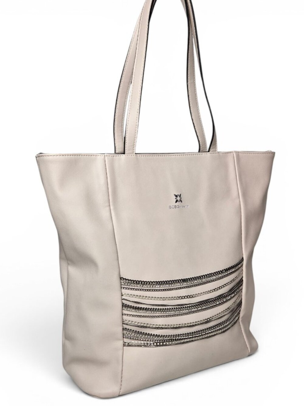 BCBGenerations Silver Chain Tote Bag Womens Large Cream Color‎ Vegan Leather